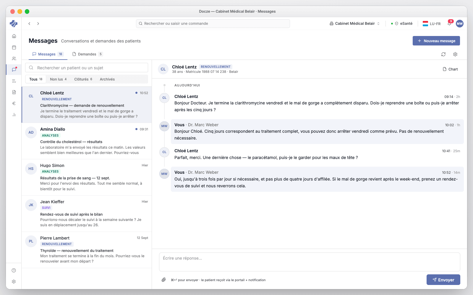 La messagerie dans Docze : une conversation avec un patient, et les demandes en attente de votre décision