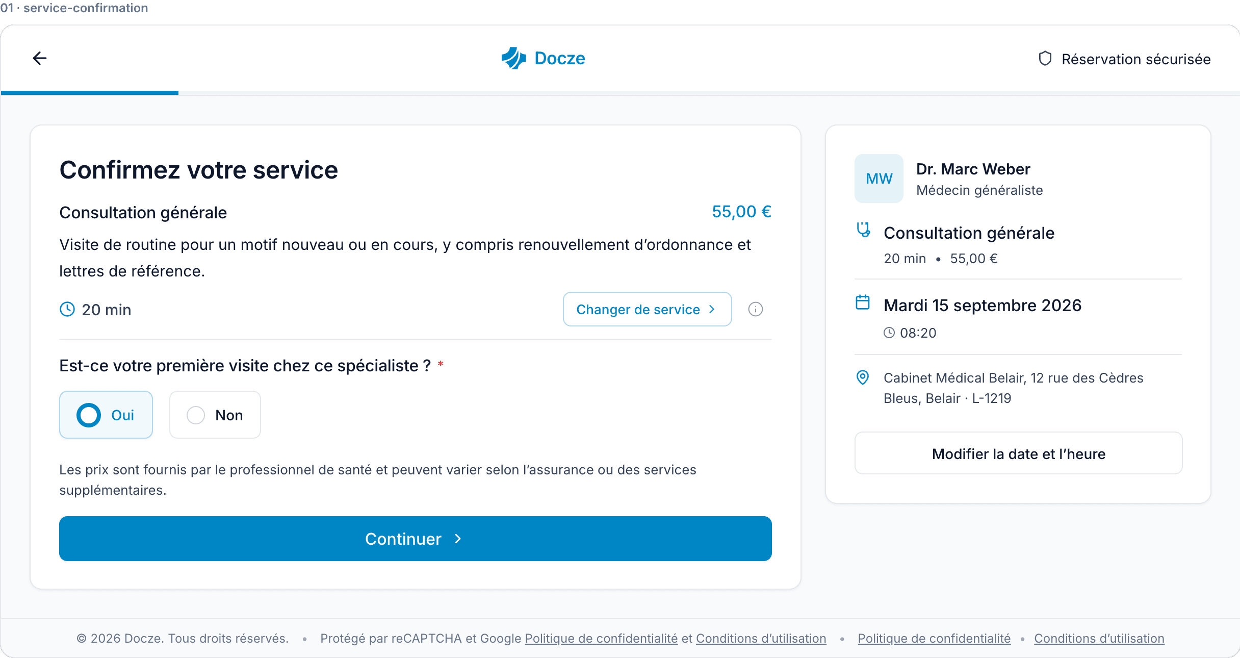 Une réservation patient sur Docze : prestation, consignes et questions du cabinet, coordonnées et confirmation
